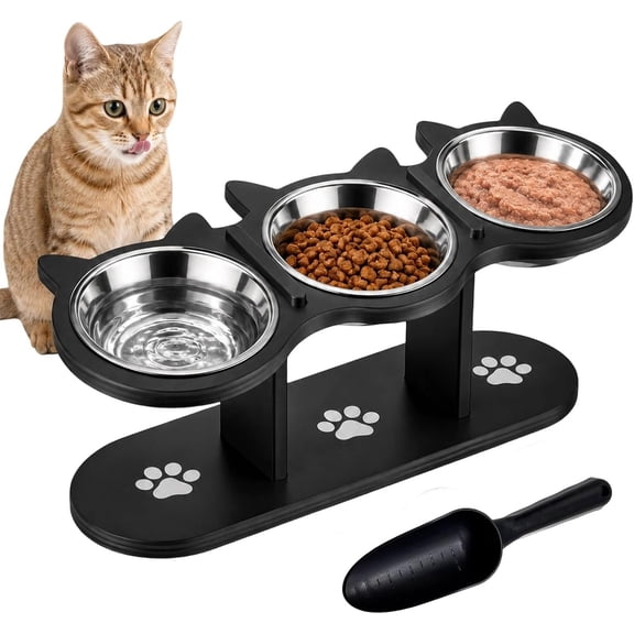 3 Bowl Cat Feeding Station, Elevated Tilted Cat Bowls with Stand, Anti-Slip Raised Pet Feeder for Cats and Small Dogs (Black)