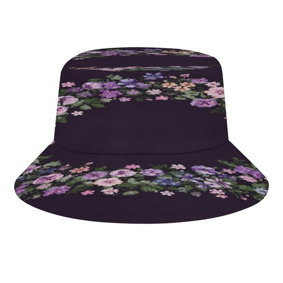 BCIIG Purple Floral Wreath On Dark Background Bucket Hat, Soft, Printed, Packable Fisherman Sun Hat for Beach Travel Hiking Vacation, Sun Hat for Women Men, One Size