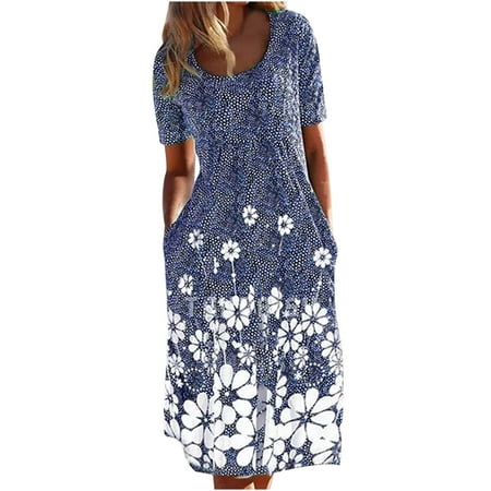 

Dresses for Women Womens Dresses Fashion Women Summer Leisure Round-Neck Froral Print Short Sleeve Loose Fit Dress Summer Dresses Girls Dresses Savings Clearance Deals Blue 2XL