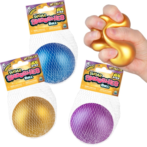 ORB Curiosities Metallic Sugar Smooshies Balls 3 Pack - Three Shiny Metallic Colored Squishy, Stretchy, Slow Rise Stress Balls - Sugar Water Filled Stress Relief Fidget Toys for Kids and Adults