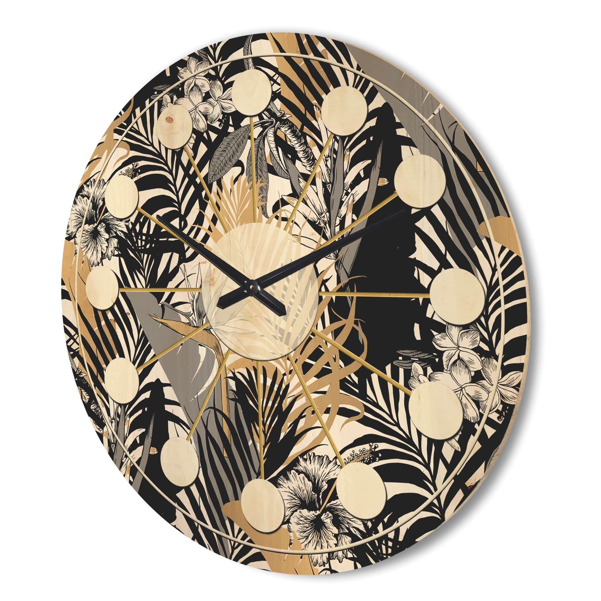 Designart 'Retro Golden Foliage II' Mid-Century Modern Wood Wall Clock
