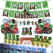 JMOCD 57Pcs Miner Crafting Birthday Party Supplies - Minecraft Decorations Set with Balloon,Birthday Banner, Cupcake Toppers for Video Game Theme Miner Crafting Party Decorations Backdrop