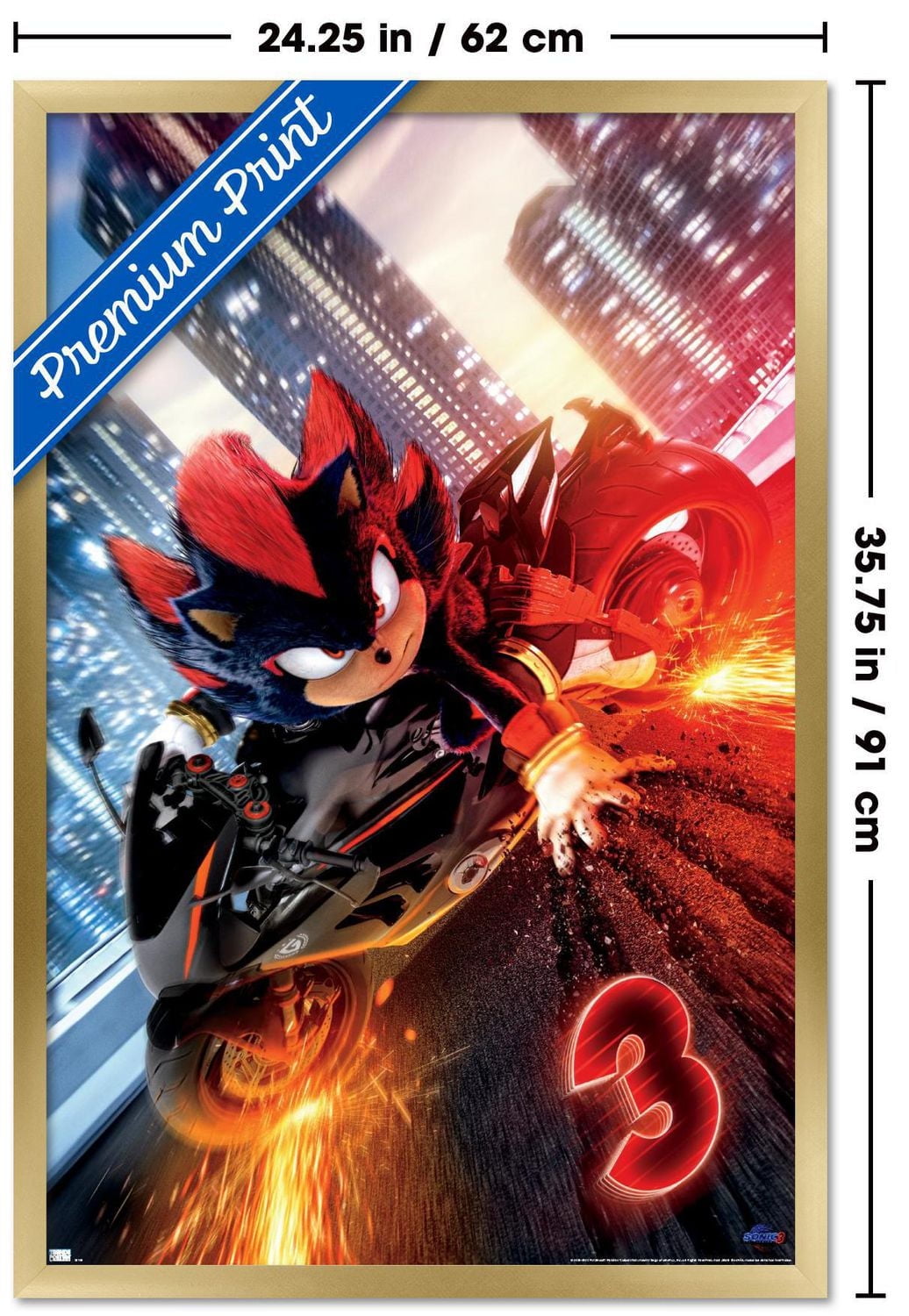 Sonic the Hedgehog 3 - Shadow Motorcycle One Sheet Wall Poster, 14.725" x 22.375" Framed