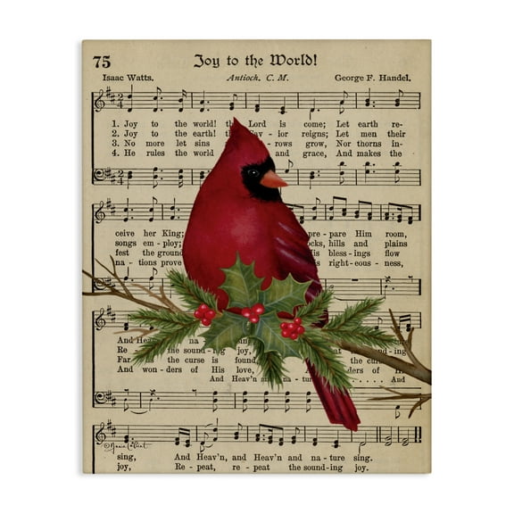 Stupell Industries Cardinal on Holiday Music Holiday Painting Gallery Wrapped Canvas Art Prints Wall Art, 16 x 20