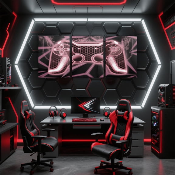 Manfei Gradient Gamepad Canvas Wall Art Set of 3, Gaming Gamer Framed Wall Art for Bedroom, Pink Black Wall Decor for Kitchen, Stylish Bedroom Decor