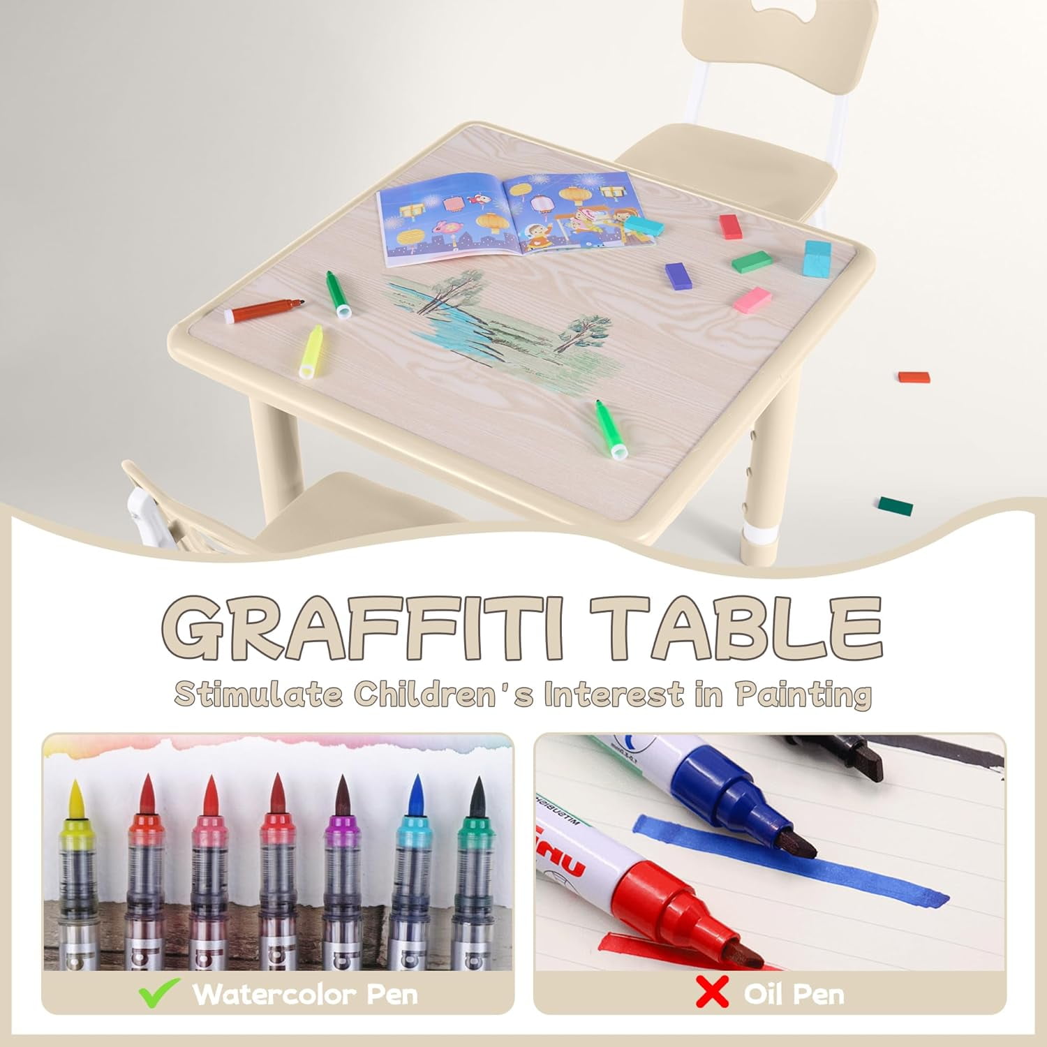 Toddler Table and Chair Set, Height Adjustable-Upgrade Kids Desk and 2 Chairs for Ages 3-8, Children's Multi-Activity Table with Graffiti Desktop and Marble Pattern for Home/Daycare/Classroom