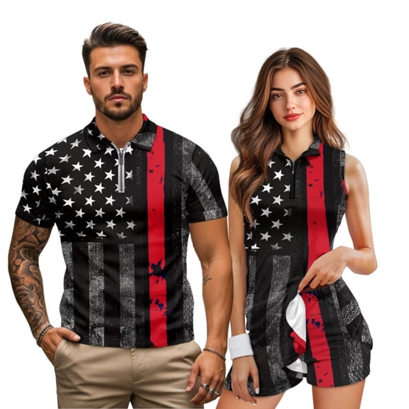 Uorisanigo US Flag Couple Matching Outfit Mens Golf Shirt 1/4 Zip Up Short Sleeve Quick-Dry Collared Blouse Tops and Womens Golf Dress with Shorts Sleeveless Workout Athletic Dresses
