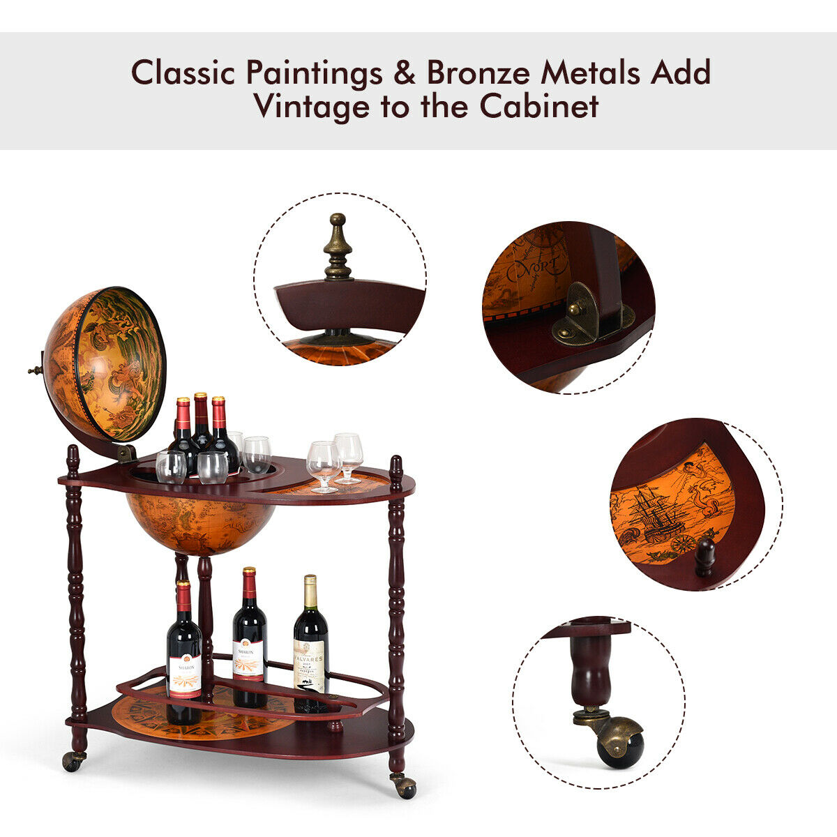 Goplus 34 Wood Globe Wine Bar Stand 16th Century Italian Rack
