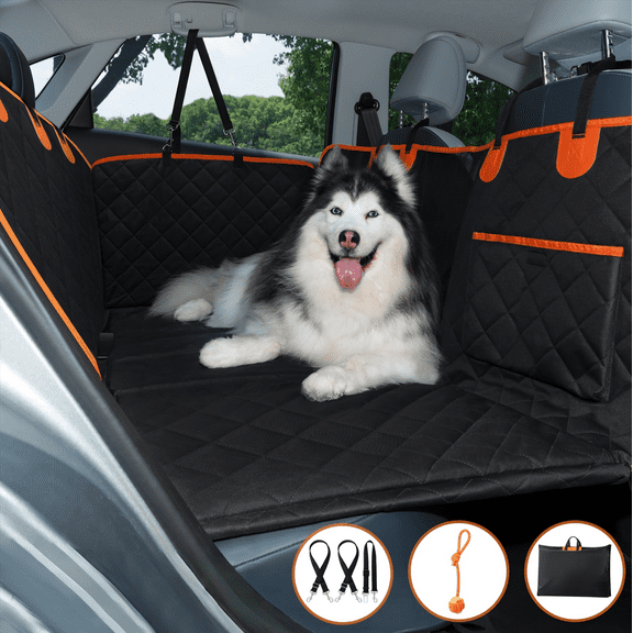 FUZZAROO Dog Car Back Seat Cover for Large Dogs, Waterproof Hammock with Seat Belt & Toys, Black