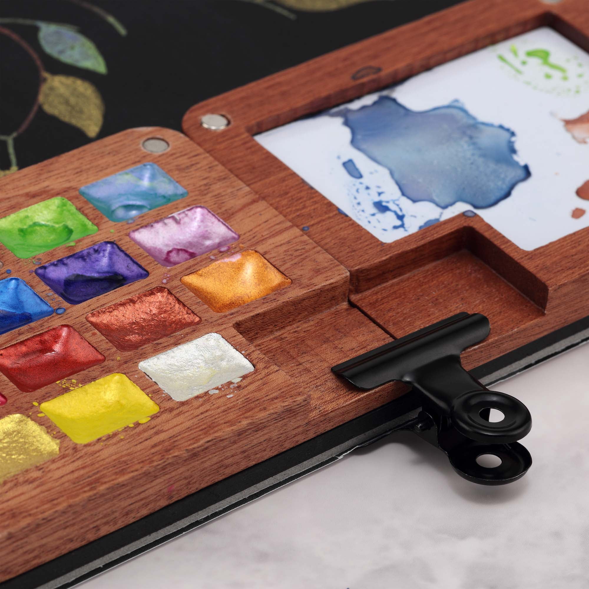SoHo Urban Artist Mini Wooden Travel Watercolor Set of 15 Metallic Paints - Professional Watercolor Paint Set for Plein Air Artists, Semi-Moist Pans, Pocket-Sized Magnetic Wood Case with Mixing Area