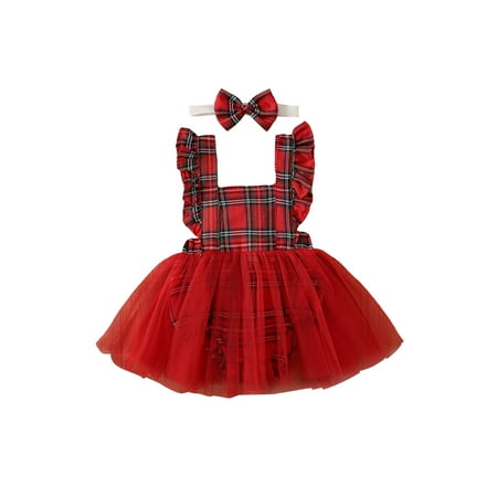 

Baby Girls Mesh Romper Dress Summer Casual Plaid Fly Sleeve Jumpsuits with Headband Set for Toddler