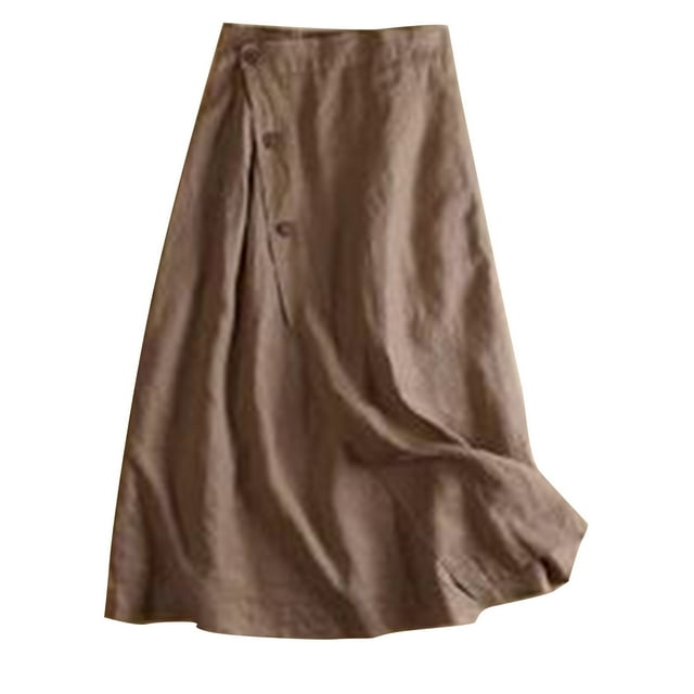 Womens Cotton Linen Skirt Summer Elastic Waist Front Buttoned Solid Swing Midi A Line Skirt Khaki