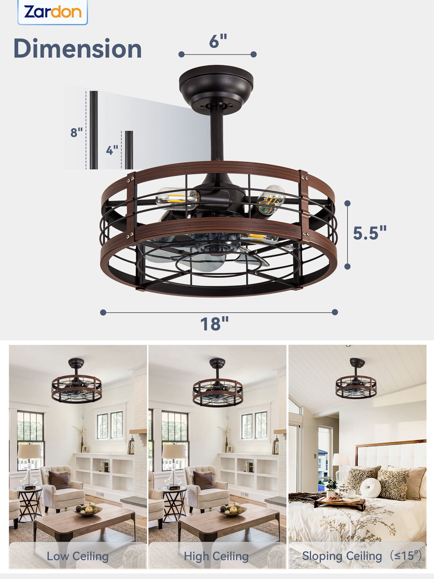 Zardon 18" Brown Antique Caged Indoor Ceiling Fan with Quiet DC Motor,  LED Lights, Remote Control, 6 Speeds