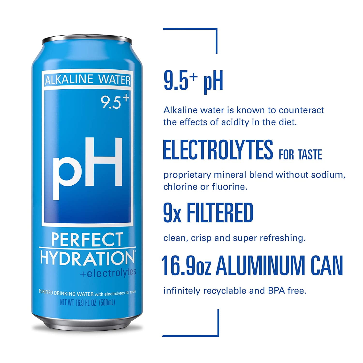 Perfect Hydration 9.5+ ph Alkaline Water, Electrolyte Minerals for Taste, 16.9 oz Recyclable Aluminum Cans, Pack of 24
