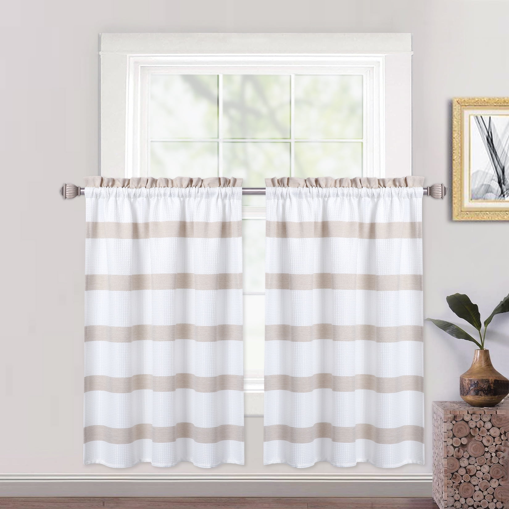 GlowSol Striped Cafe Curtains 30'W x 24'L Farmhouse Waffle Weave Textured Light Filtering Small Window Treatment Set for Kitchen, Taupe, 2 Panels