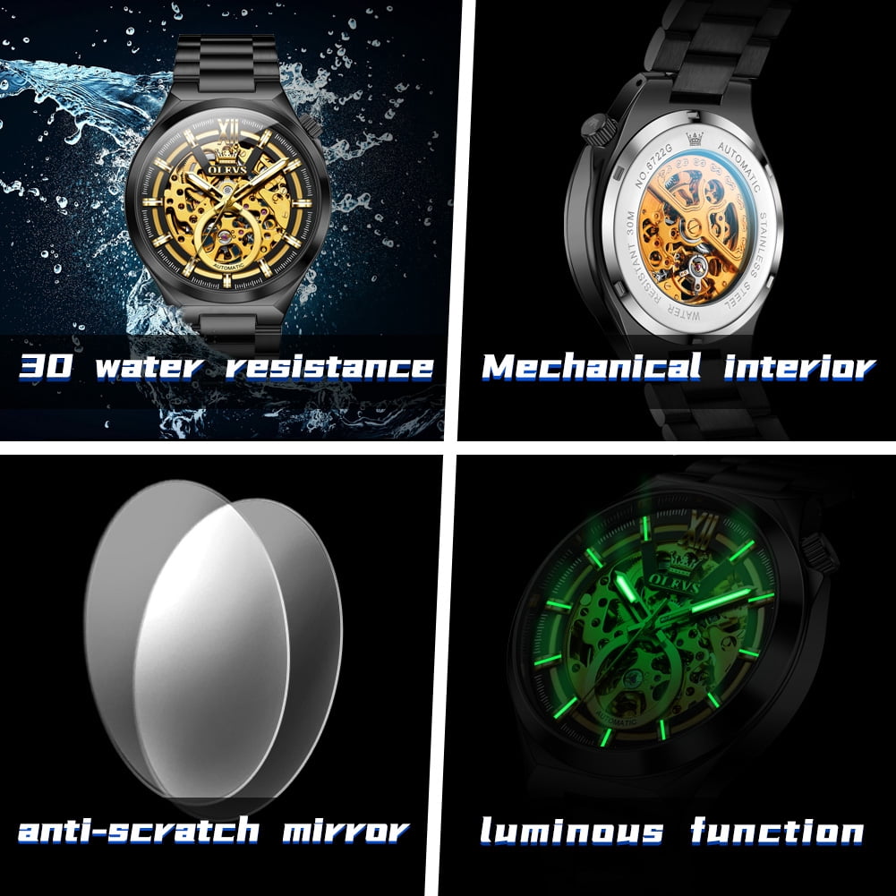 OLEVS Skeleton Watches for Men Luxury Dress Automatic Self Winding Mechanical Gold Plated Stainless Steel Waterproof Luminous Business Men Wrist Watch Reloj Para Hombre