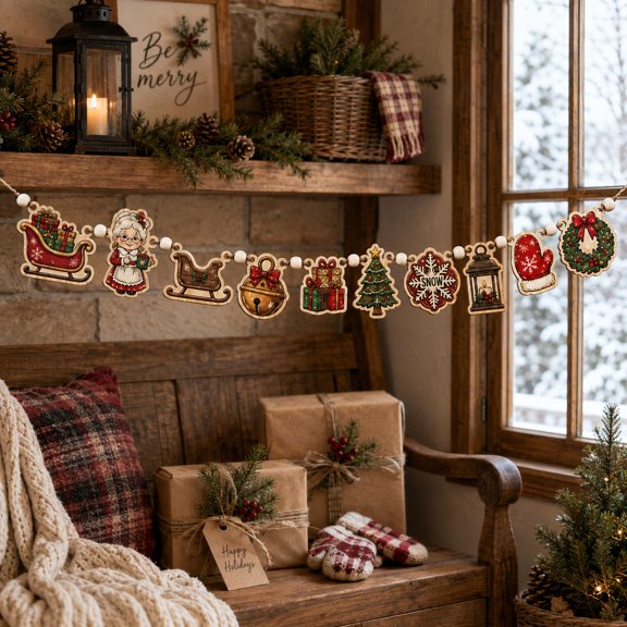 Wooden Ornament Garland Christmas Sleigh Mantel Hanging for Holiday Home Decor