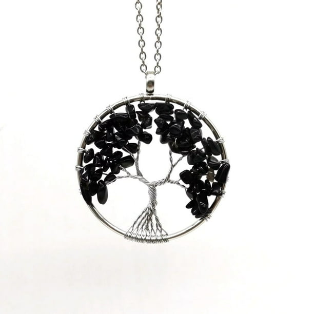 Zhuge Collar con colgante de árbol de la vida para hombre y mujer, collar con árbol de la vida de cristal de piedra natural (negro, cadena)
