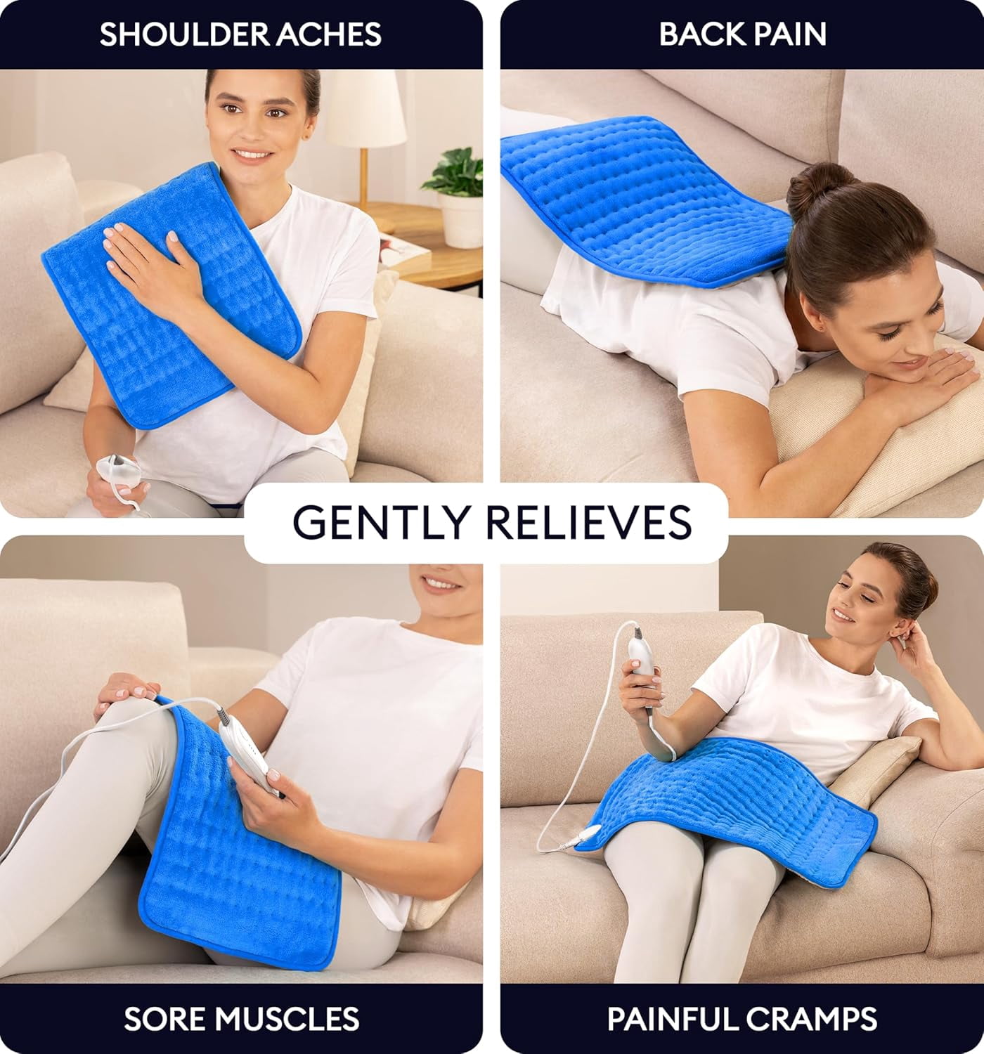 Geniani XL Double-Sided Electric Heating Pad for Back Pain & Cramps Relief – Heat Pad with 6 Heat Settings, Auto Shut Off, Ultra-Soft Machine Washable Fabric for Everyday Comfort (12"×24", Blue)