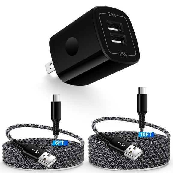 USB Wall Charger Block,ABCPOW 2.1A Dual Port USB Charger Block with 2PACK Android Phone Charging Cord Type C Cable USB C Charging Cables 6ft10ft USB Brick Charger Box Fast Charging Block,Black