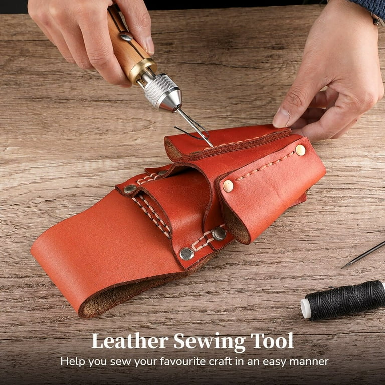 Leather Sewing Tool Set, Leather Stitch Sewing Awl + Waxed Thread + Curved & Cone Needles, Built in Spool DIY Craft Leather Sewing Kit with Screwdriver, Leather Sewing Accessories