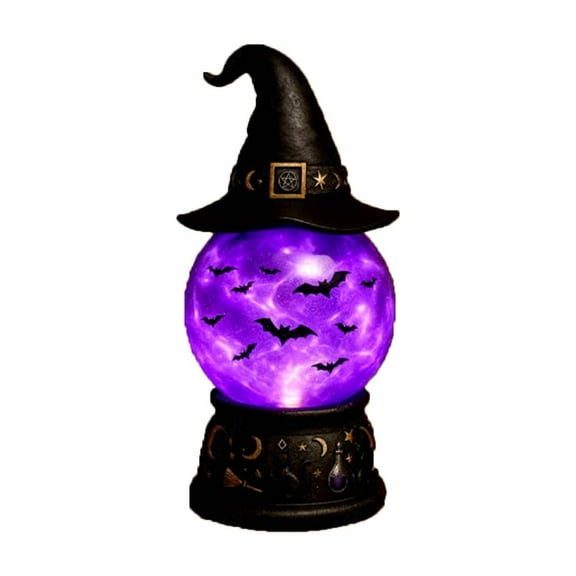 Halloween Witches Hat Water Spinner Globe Decoration – Light Up Snow Globe with Purple LED & Flying Bats, Festive Holiday Ornament 20cm