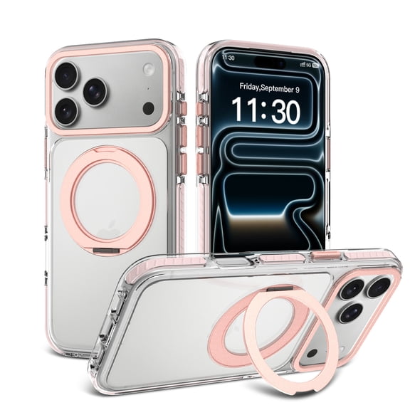 ELEHOLD Clear Phone Case For iPhone 18 Pro Max,Shockproof Rugged Ring Kickstand Cover Compatible With Magsafe Accessories,Pink