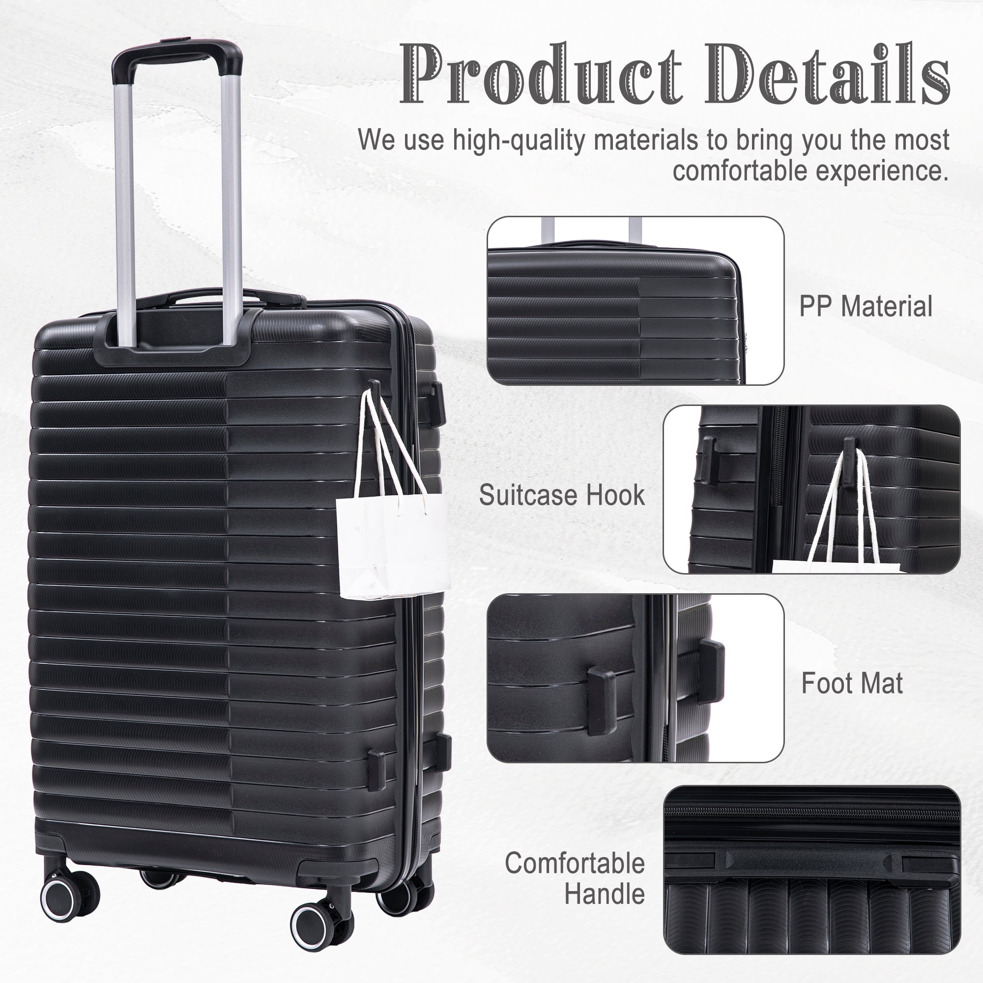 Alvantor 4 Pcs Hardside Luggage Set with Spinner Wheel, Lightweight Suitcase Set Black