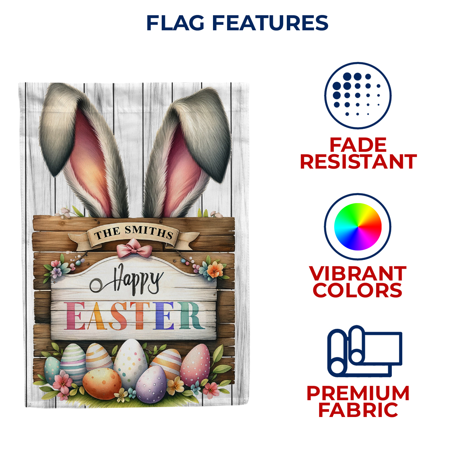 America Forever Easter Bunny House Flag Double Sided, 28 x 40 inch Happy Easter Bunny Ears Flag, Personalized Family Name Easter Eggs, Farmhouse Easter Yard Flag