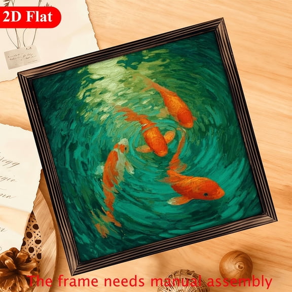 2D Flat 1Pc Wood Frame Sign Abstract Koi Fish Square Wall Art Paintings Ideal Gift For Living Room Bedroom Corridor Wall Decor Room Decoration Ready to Hang 12x12inch