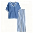thumbnail image 3 of Bosfbaoi Two Piece Sets for Women V Neck Short Sleeve Top and Striped Wide Leg Pants Casual Womens Summer Outfits, 3 of 8