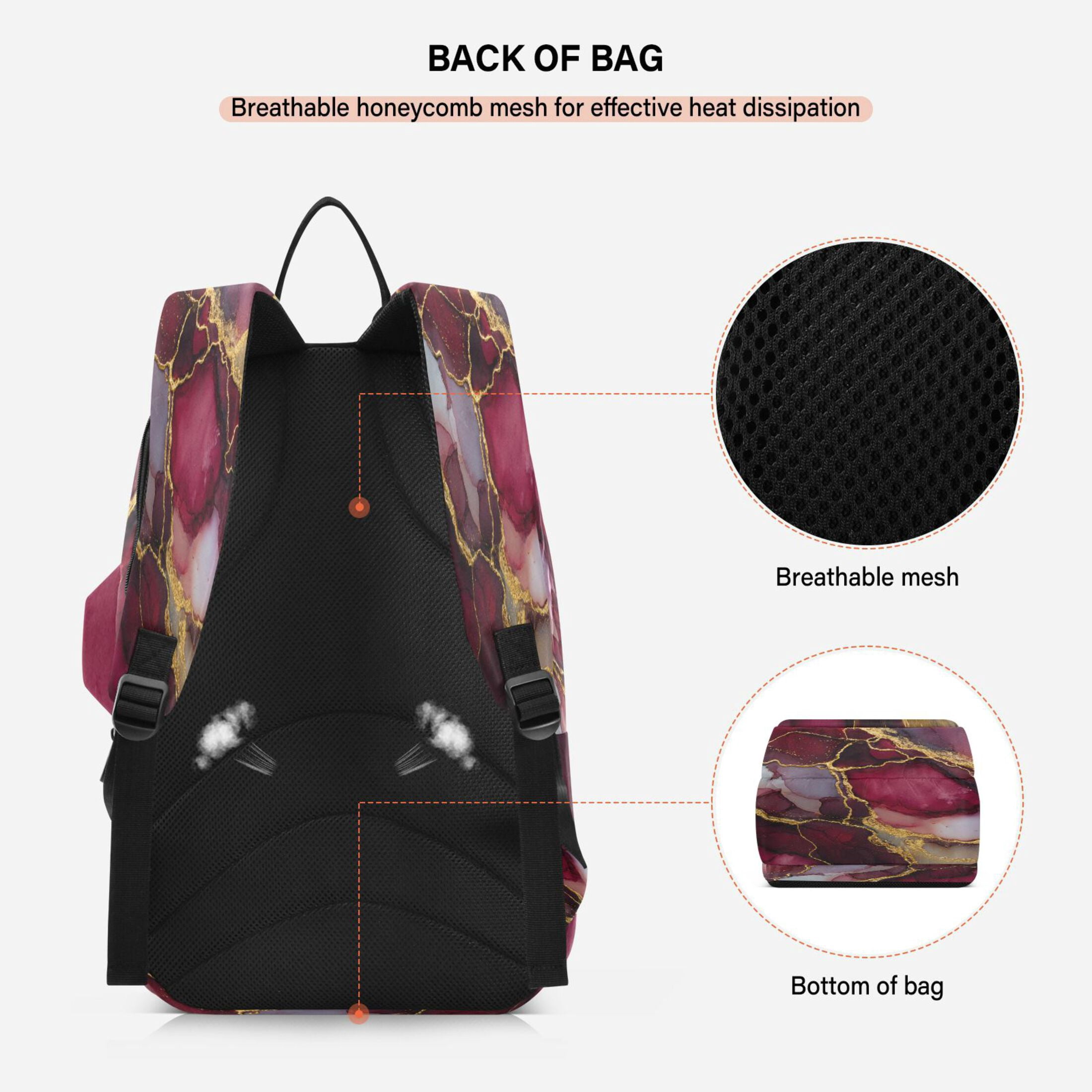 2 Racquet Holder Tennis Backpack Tennis Racket Covers Gym Bags Wine-red Marble