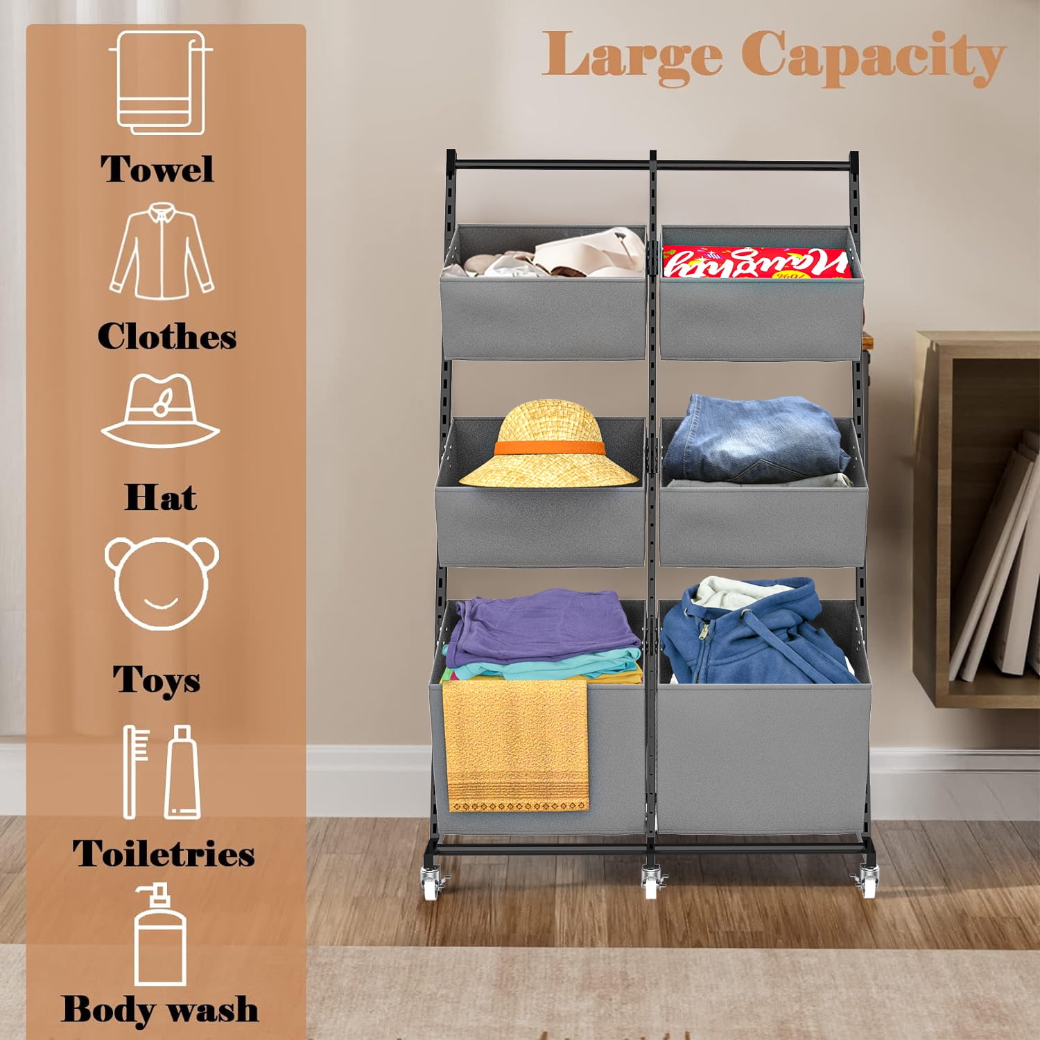 TECHVIDA Rolling Laundry Hamper Sorter, Freestanding Laundry Hamper with 6 Adjustable Storage Baskets for Bedroom,Laundry