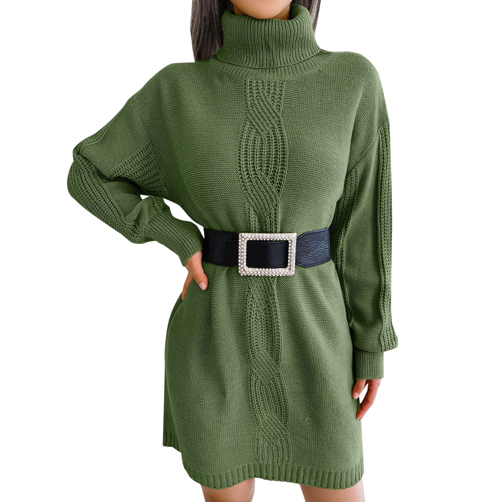 CAICJ98 Dresses for Women 2023 Women\'s Casual Long Sleeve Waffle Knit Tie  Waist Loose Pullover Tunic Sweater Dress Khaki,S