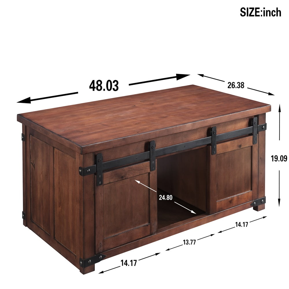 Private Jungle Modern Farmhouse Coffee Table, Rectangular Cocktail Table, Side End Table With Storage Shelf and Sliding Barn Doors