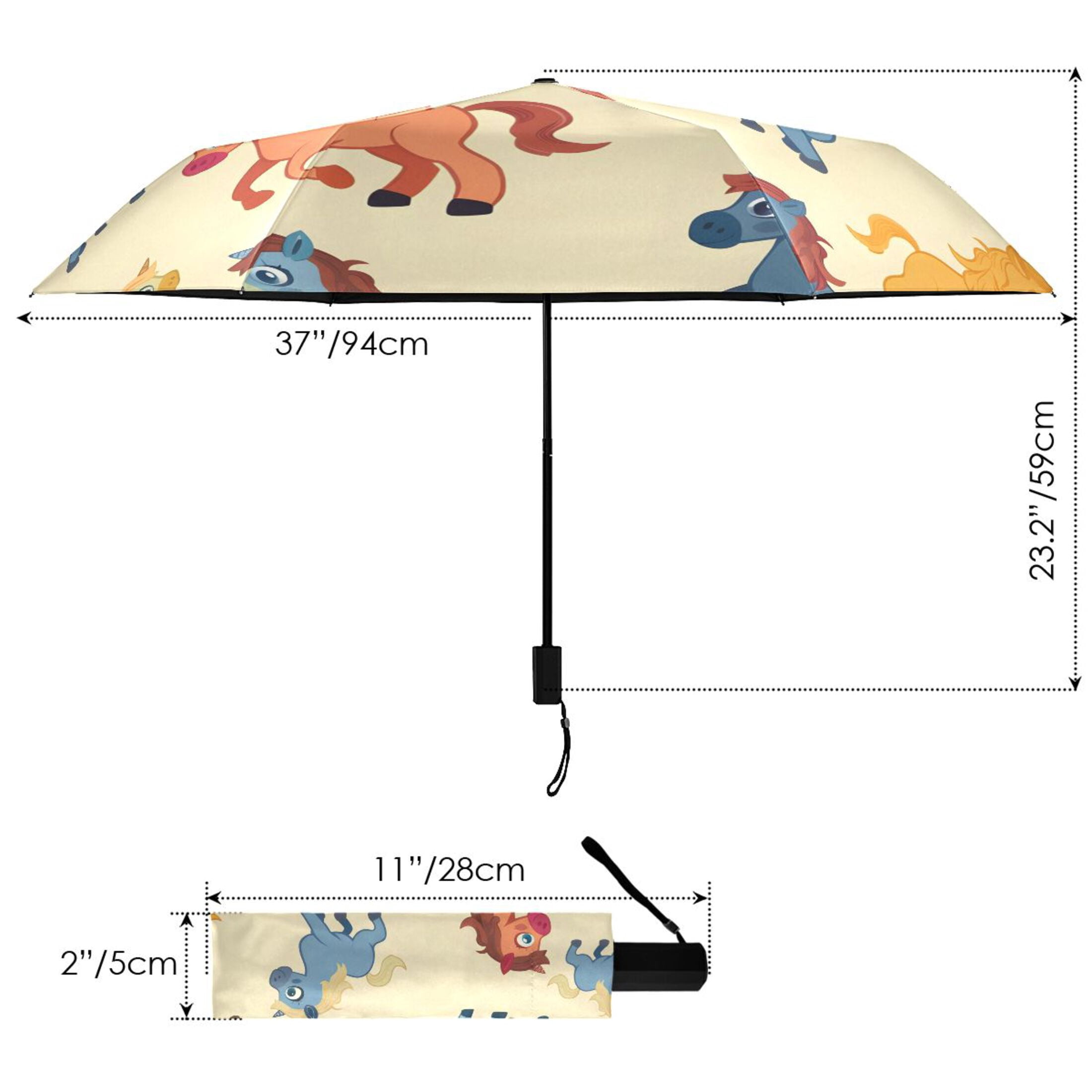 ALAZA Cartoon Horse UPF 50+ Compact Folding Umbrella for Rain Travel Umbrella Packable
