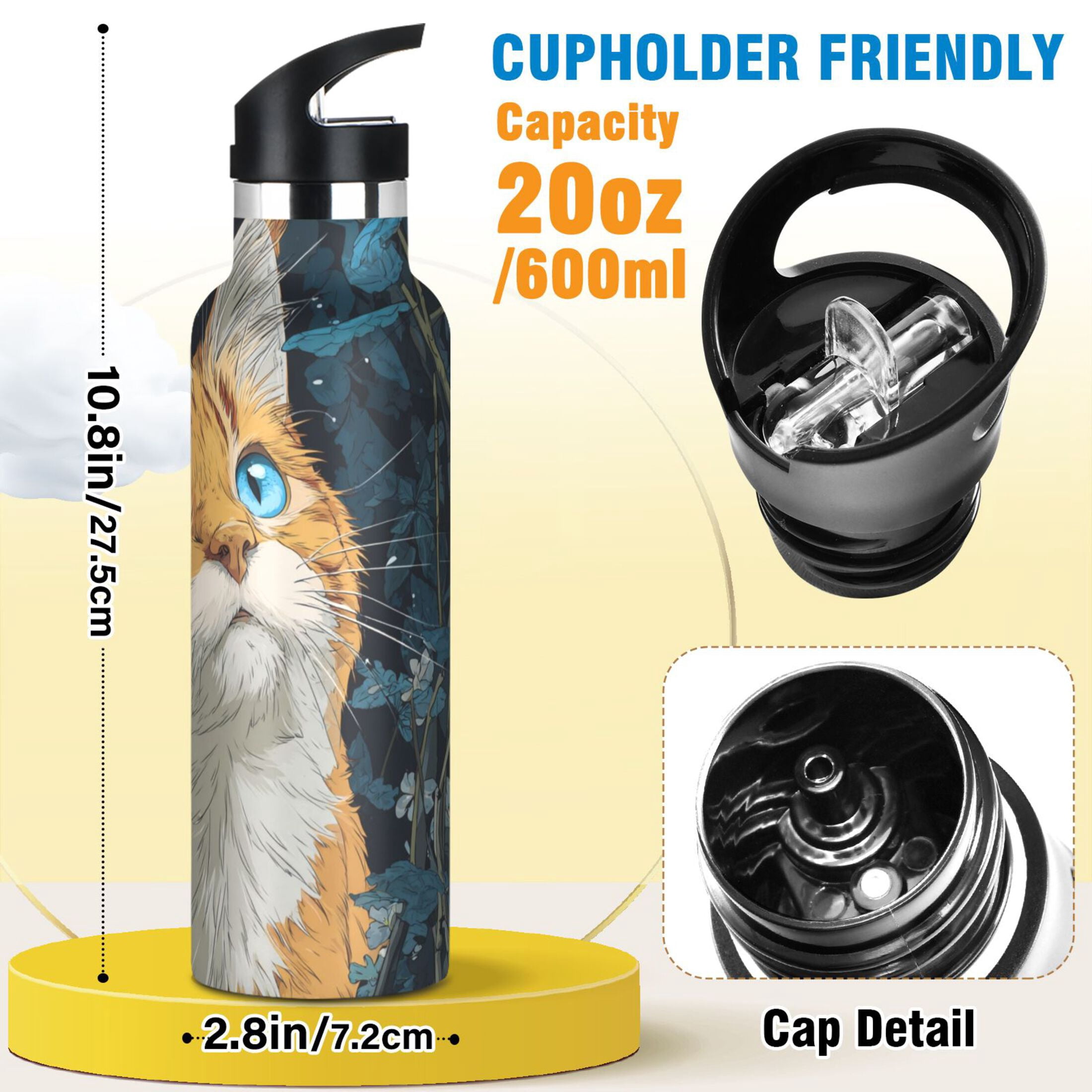 Kids Insulated Stainless Steel Sports Water Bottle 600ml (20oz) Orange Cat with Blue Eyes
