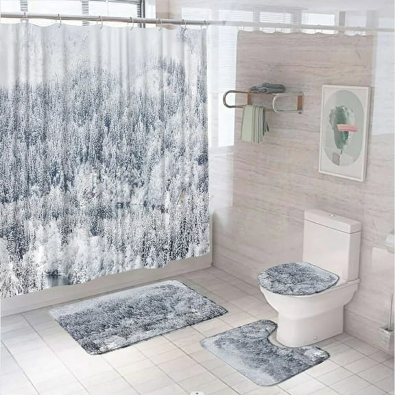 Rustic Snow Forest Shower Curtain Sets Nature Scenery Winter Tree Woodland Bathroom Curtains With Bath Mat Rug Lid Toilet Cover