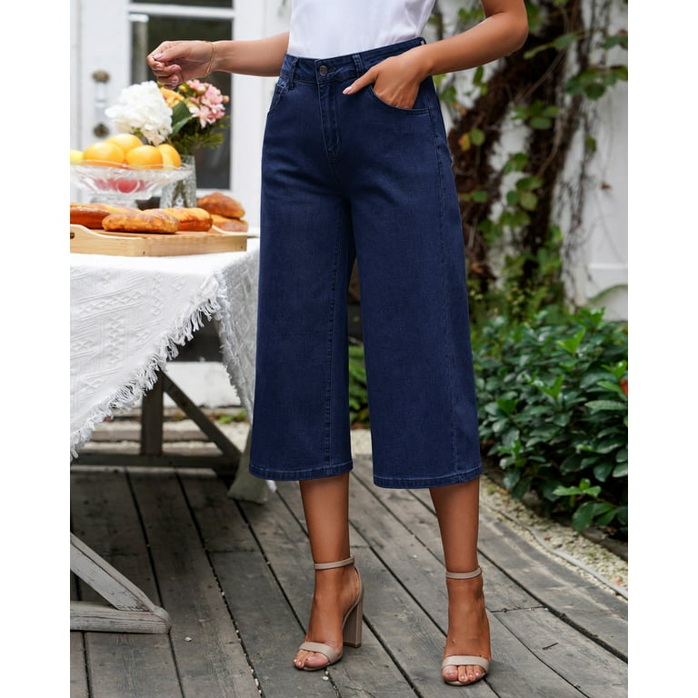 Vetinee Women's High Waisted Capri Jeans Wide Leg Cropped Denim Pants  Twilight Blue Size L Fit Size 12 Size 14