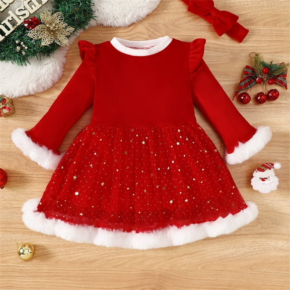 Wancir Toddler Baby Girl Christmas Dress Santa Claus Red Velvet Dress Long Sleeve Furry Princess Dress with Headband Outfit
