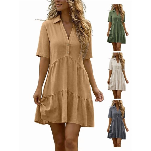 Afuyipoi Womens Cotton Linen Short Sleeve Lapel V-Neck Button Up Mini Dress, Loose Casual Solid Color Shift Dress, Soft Breathable Summer Beach Dress For Women Khaki Size L