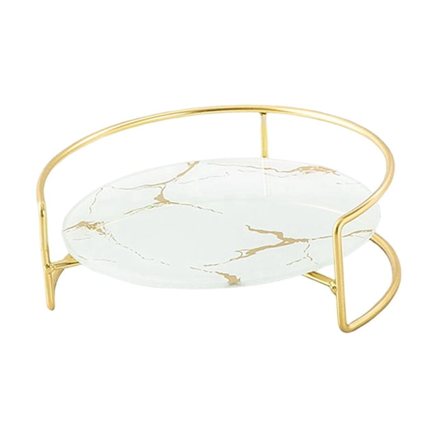 bandeja decorativa para maquillaje, exhibición de cosméticos, tocador, almacenamiento de perfume, bandeja para servir, accesorios para fotografía, hogar, blanco s macarena bandeja de tocador Bandeja redonda S de vidrio blanco con veteado dorado, aro y patas de hierro dorado, vista 3/4; diámetro 22 cm, altura 7.5 cm; para organizar perfumes, joyas y maquillaje, y apta como soporte en fotografía de producto.