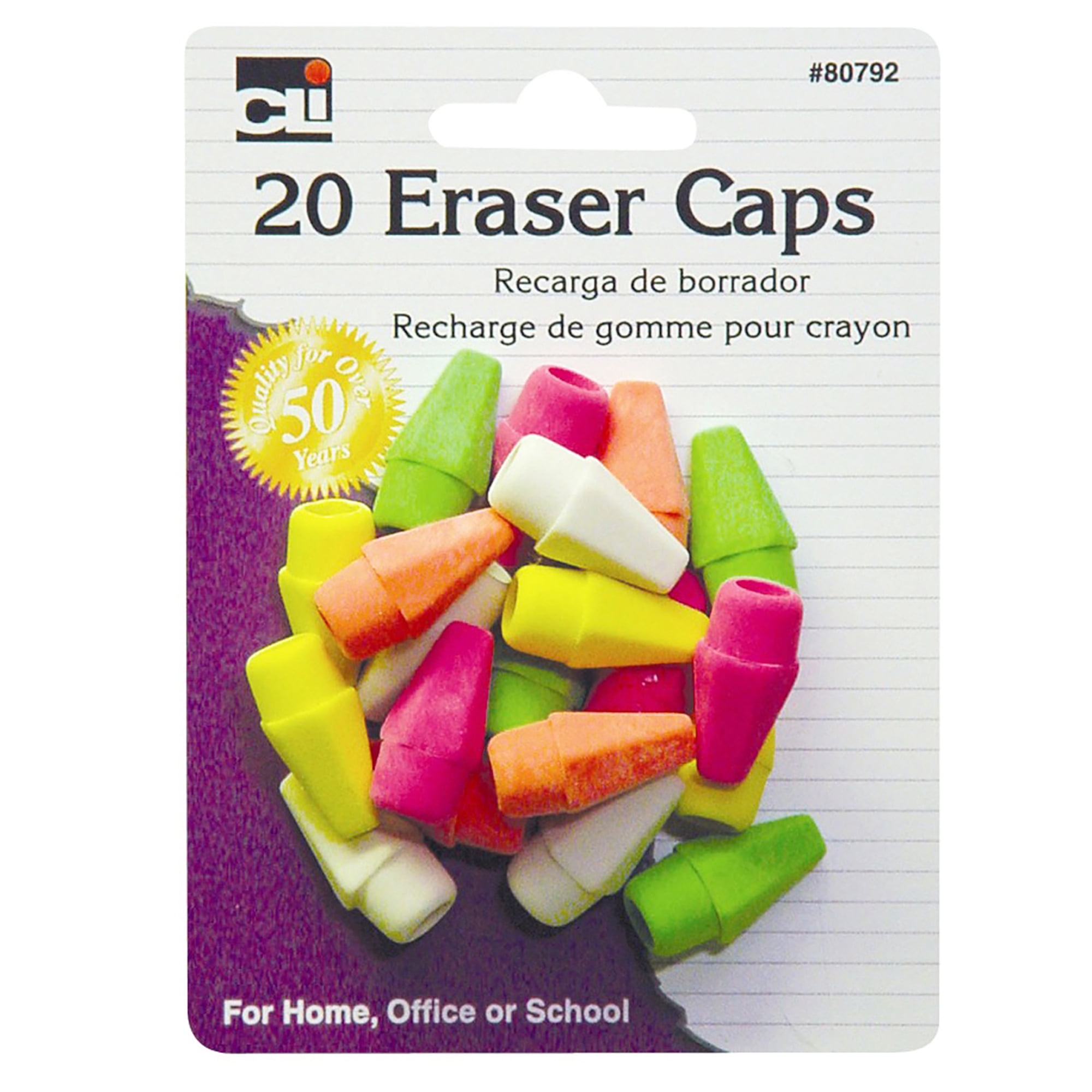 Charles Leonard Pencil Eraser Caps, Assorted Neon Colors, 240 Count