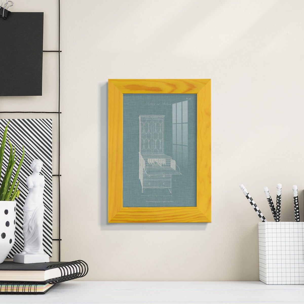 Hepplewhite Desk & Bookcase I - Framed Print w/glass - Sunflower Yellow