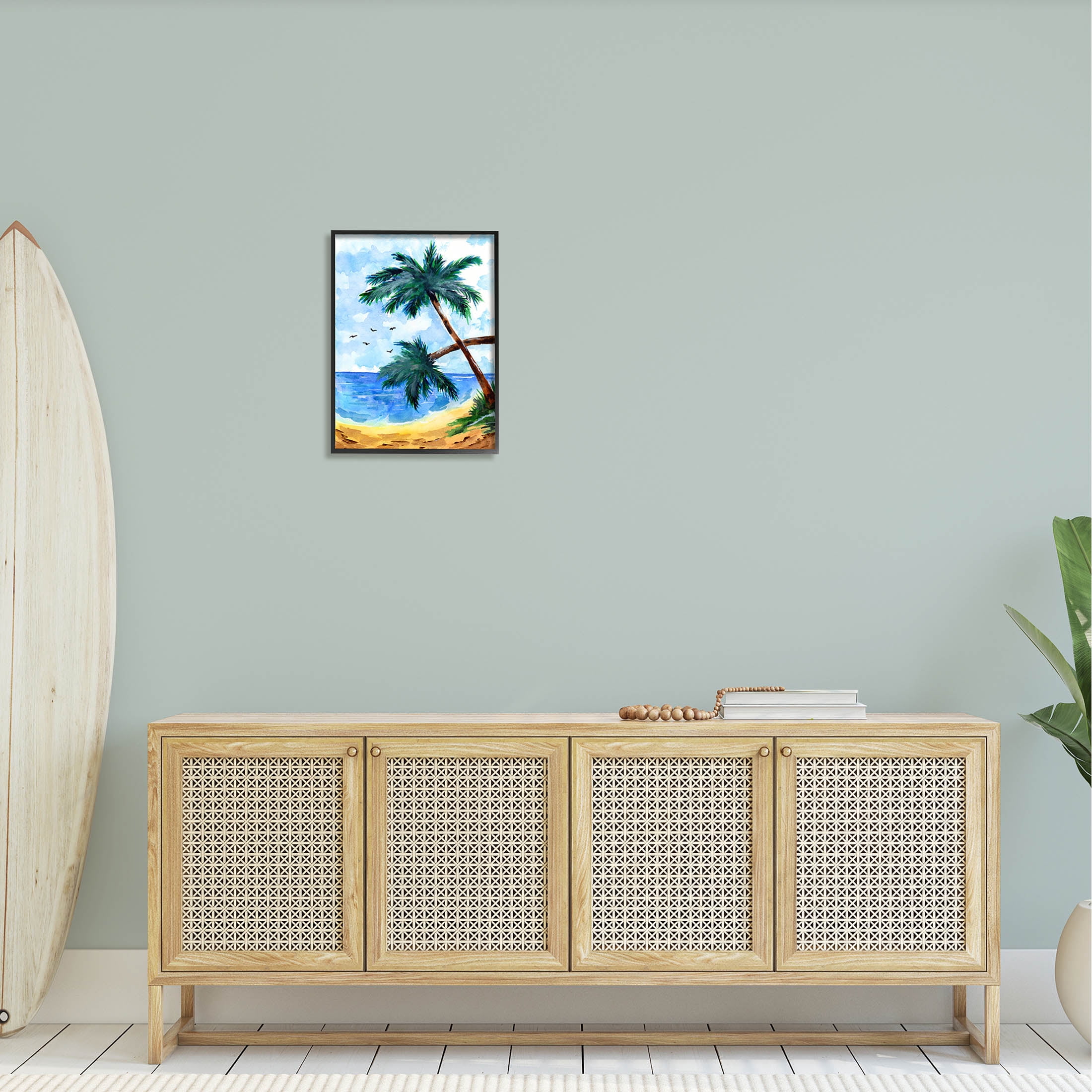 Tropical Beach Palms Birds Flying Coastal Painting Black Framed Art Print Wall Art