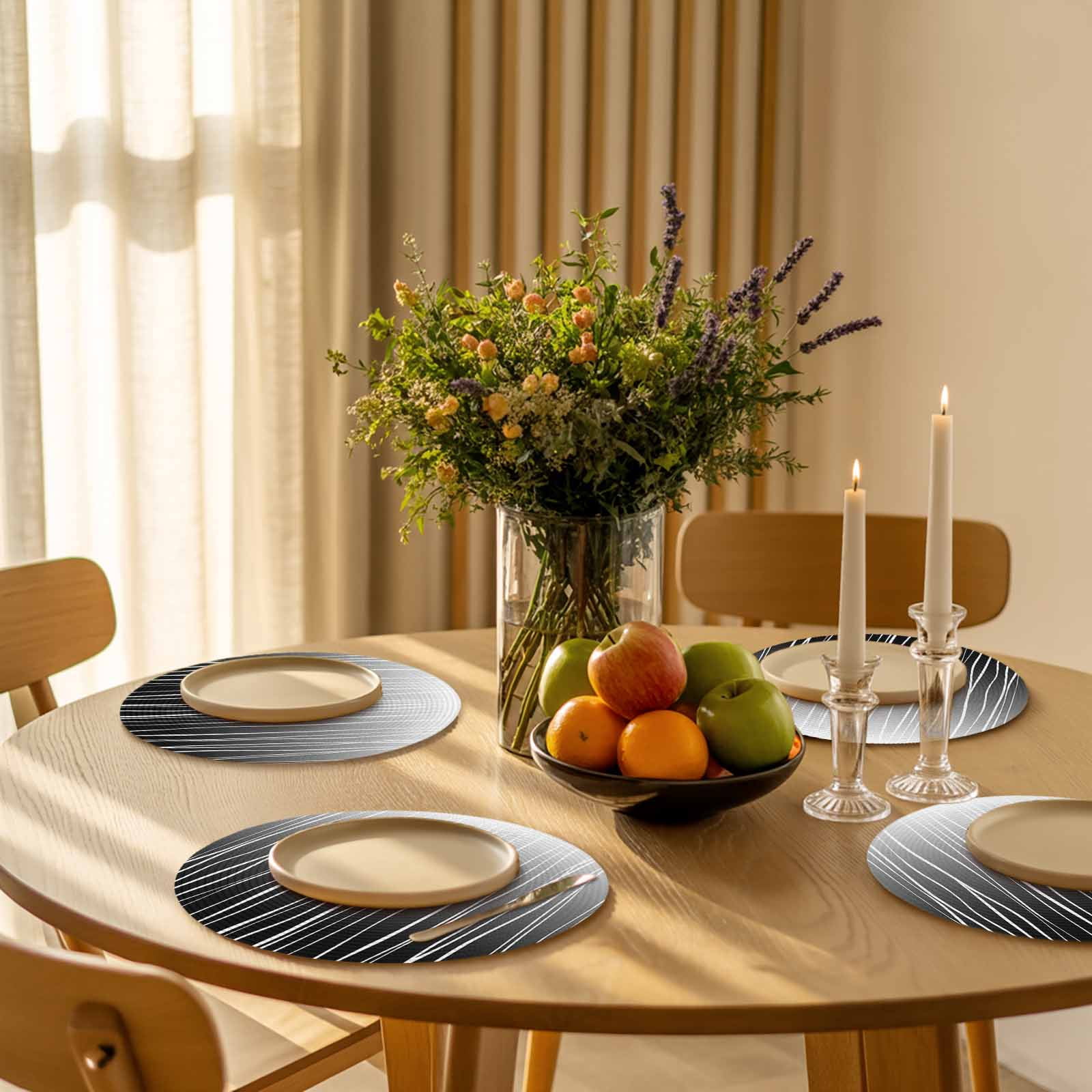 Black White Round Placemats Set of 4 Ombre Gradient Striped Minimalist Texture Place Mats Indoor Woven Table Mats Washable Heat-Resistance Braided Dining Table Placemats for Kitchen Party 13 Inch