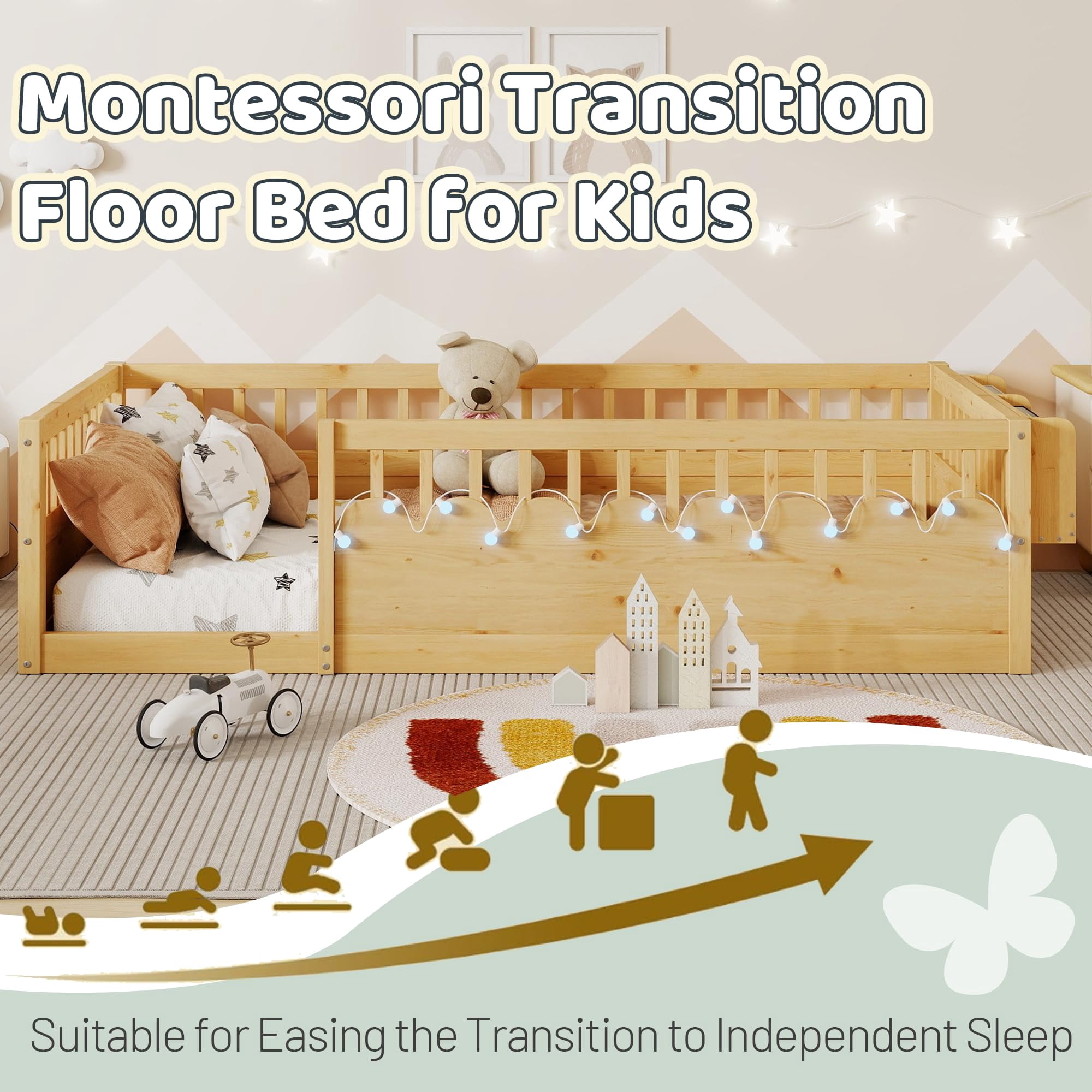 Mirightone Twin Montessori Bed with Rails and Storage Shelf, Wood Twin Floor Beds Frame with Light, Natural