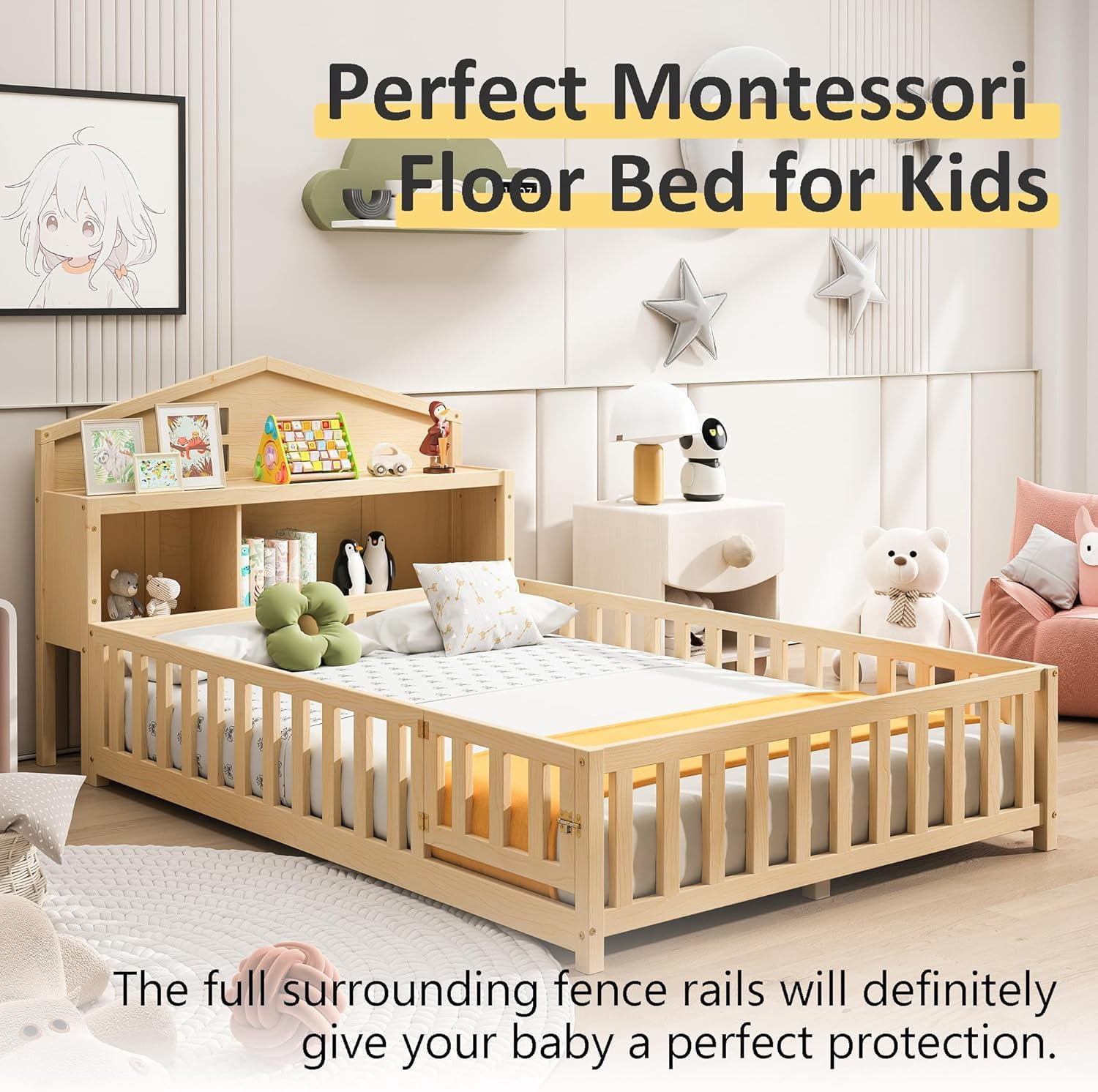 Mirightone Full Montessori Floor Bed with Storage Headboards and Guard rails, Montessori Bed Frame with Blackboards for Kids Teens, Natural