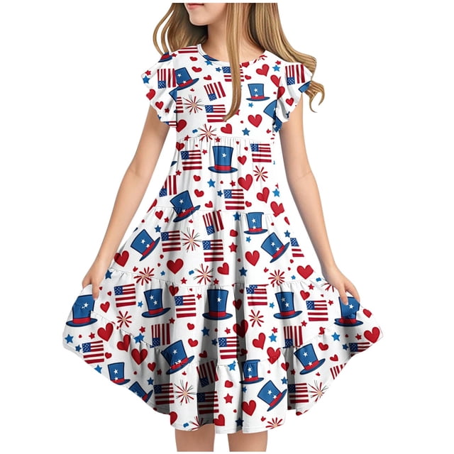 Odeerbi Niñas Día de La Independencia A-Línea Vestido Acampanado Verano Patriótico Estrella Raya Cuello Redondo Vestido Casual Con Bolsillos