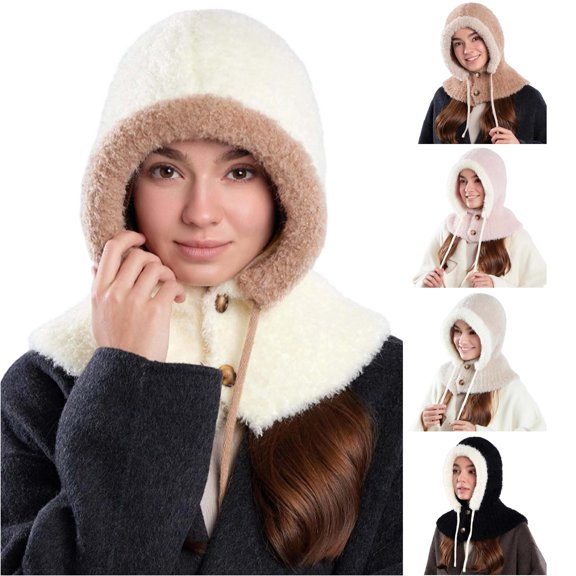 XIAOCHA Women’S Hooded‑Scarf Beanie,Faux‑Fur‑Trim Hats,Fall‑Winter Outdoor Trapper,Beige